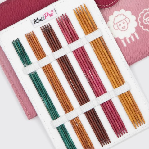 KnitPro Dreamz Deluxe Çift Uçlu Çorap Şişi Seti 15 cm – Renk Kodlu Huş Ağacı Şişler, Kılıflı