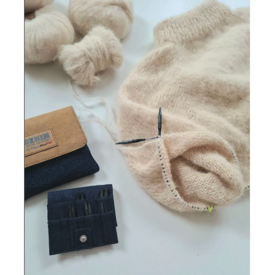 Knitpro Indigo Wood Mini Değiştirilebilir Misinalı Şiş seti - 50 mm - Extra Kısa Uç, Denim Set