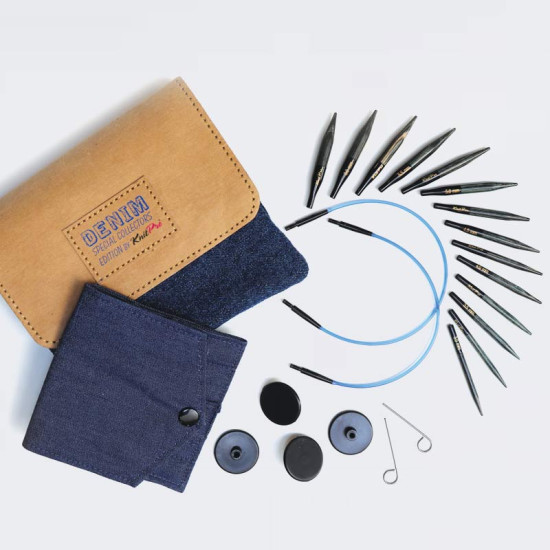 Knitpro Indigo Wood Mini Değiştirilebilir Misinalı Şiş seti - 50 mm - Kısa Uç, Denim Set